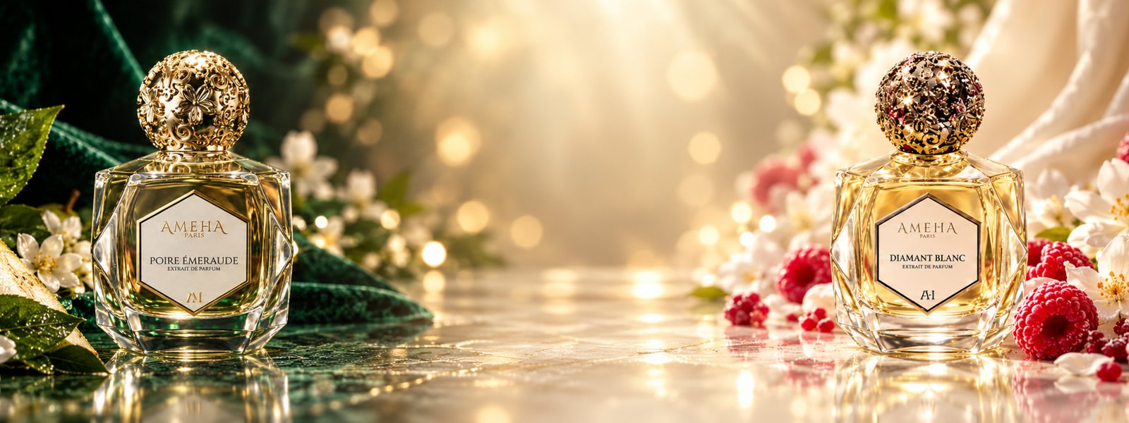 Flacons des extraits de parfum Poire Émeraude et Diamant Blanc d’AMEHA Paris