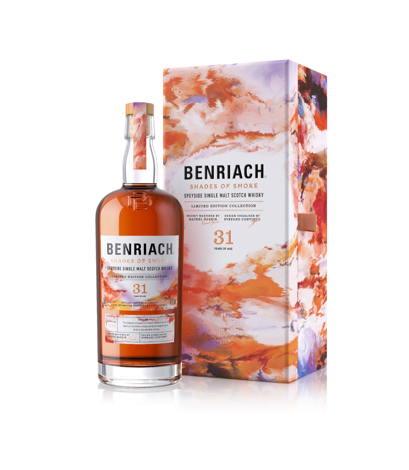 Bouteille et coffret Benriach Shades of Smoke 31 ans signé Stefano Contiero