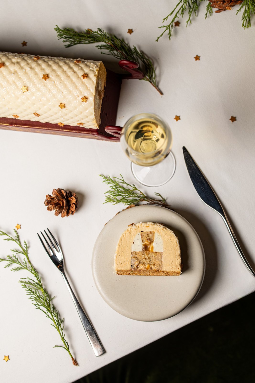 Part de la bûche « Retour du ski » du restaurant Le Faventia, Terre Blanche