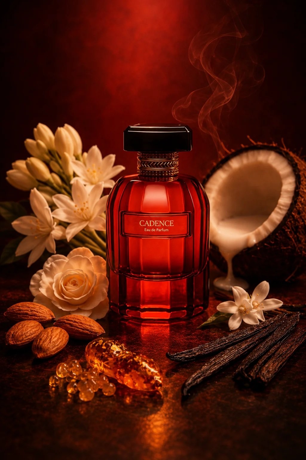 Cadence eau de parfum Naturecan entouré de fleurs blanches, coco, amande et vanille