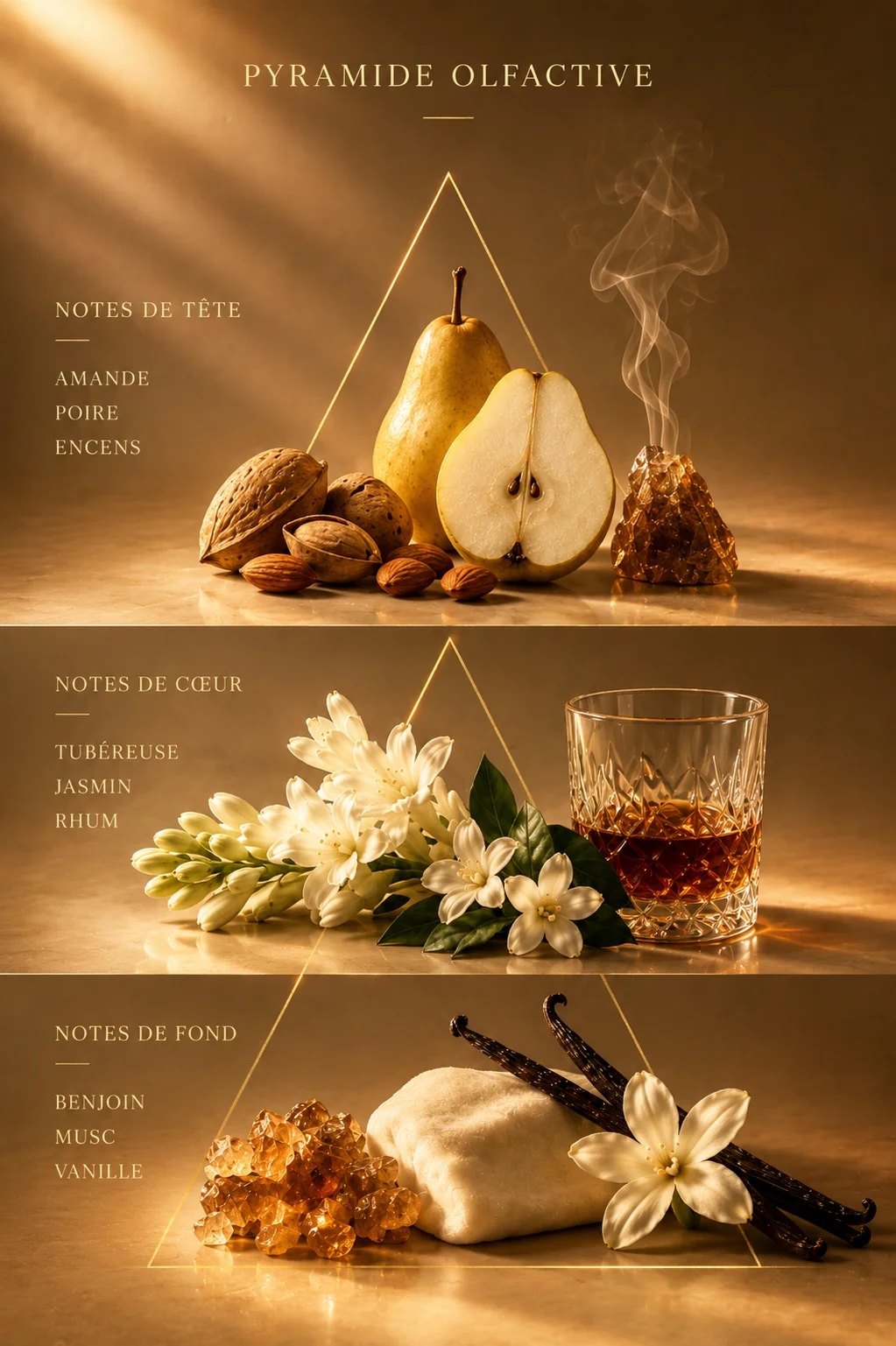 Pyramide olfactive de Cadence : poire, amande, encens, tubéreuse, rhum, benjoin, vanille
