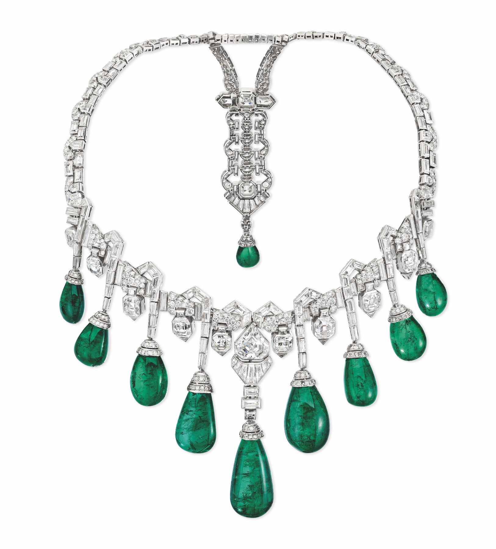 Collerette Van Cleef & Arpels de 1929 en platine, émeraudes de Colombie et diamants, exposition Les Routes de l'émeraude