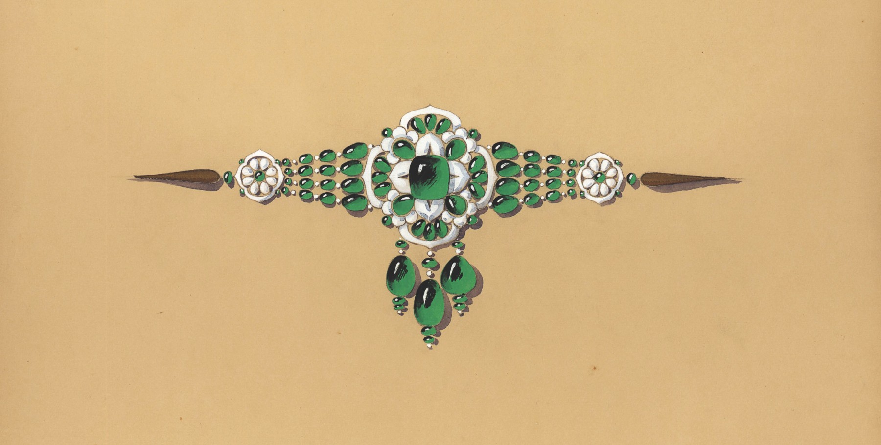 Livre de commande du maharaja de Patiala, gouaché de 1928, collection Boucheron, bijou aux émeraudes