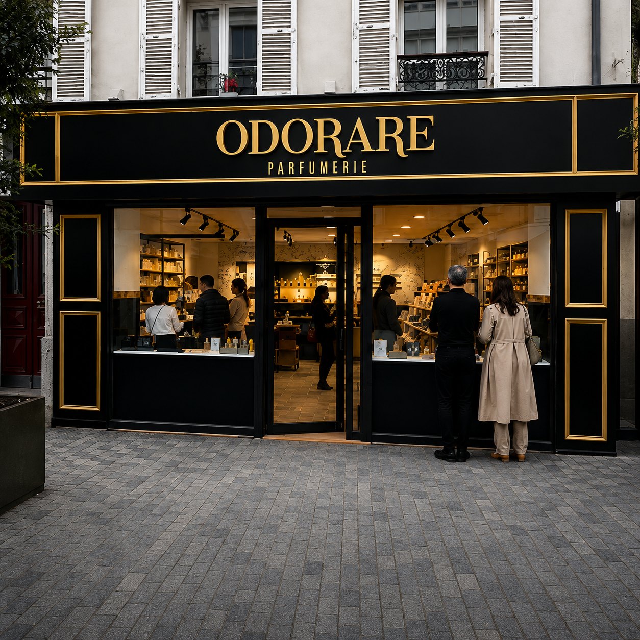 Façade noire et dorée de la parfumerie Odorare à Bois-Colombes