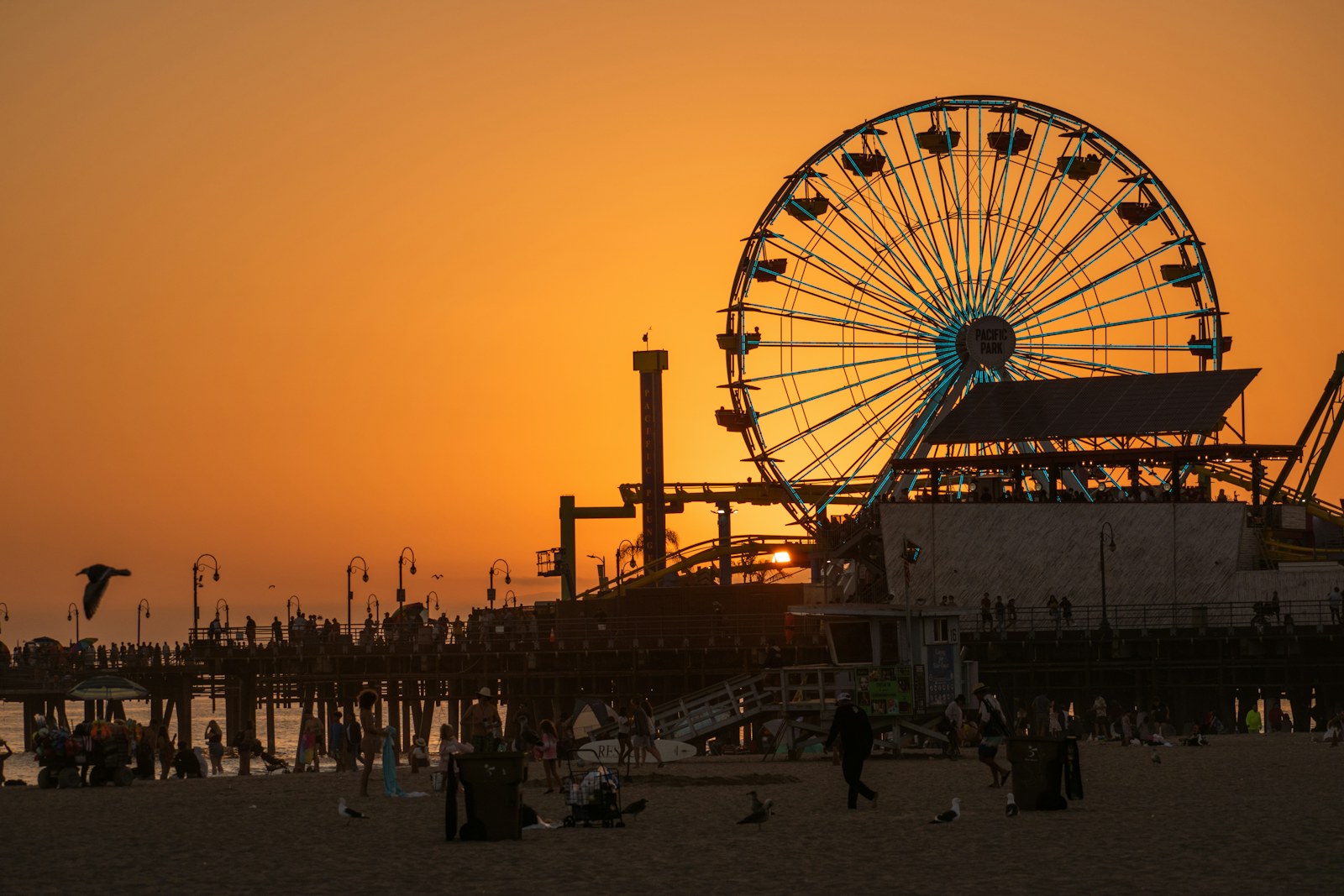Grande roue de la jetée de Santa Monica au coucher du soleil, Los Angeles