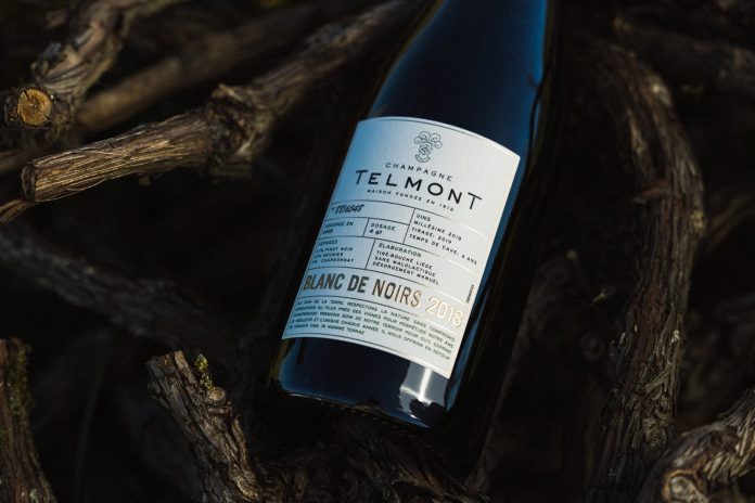 Bouteille de champagne Telmont Blanc de Noirs Extra-Brut millésime 2018 posée sur des sarments de vigne