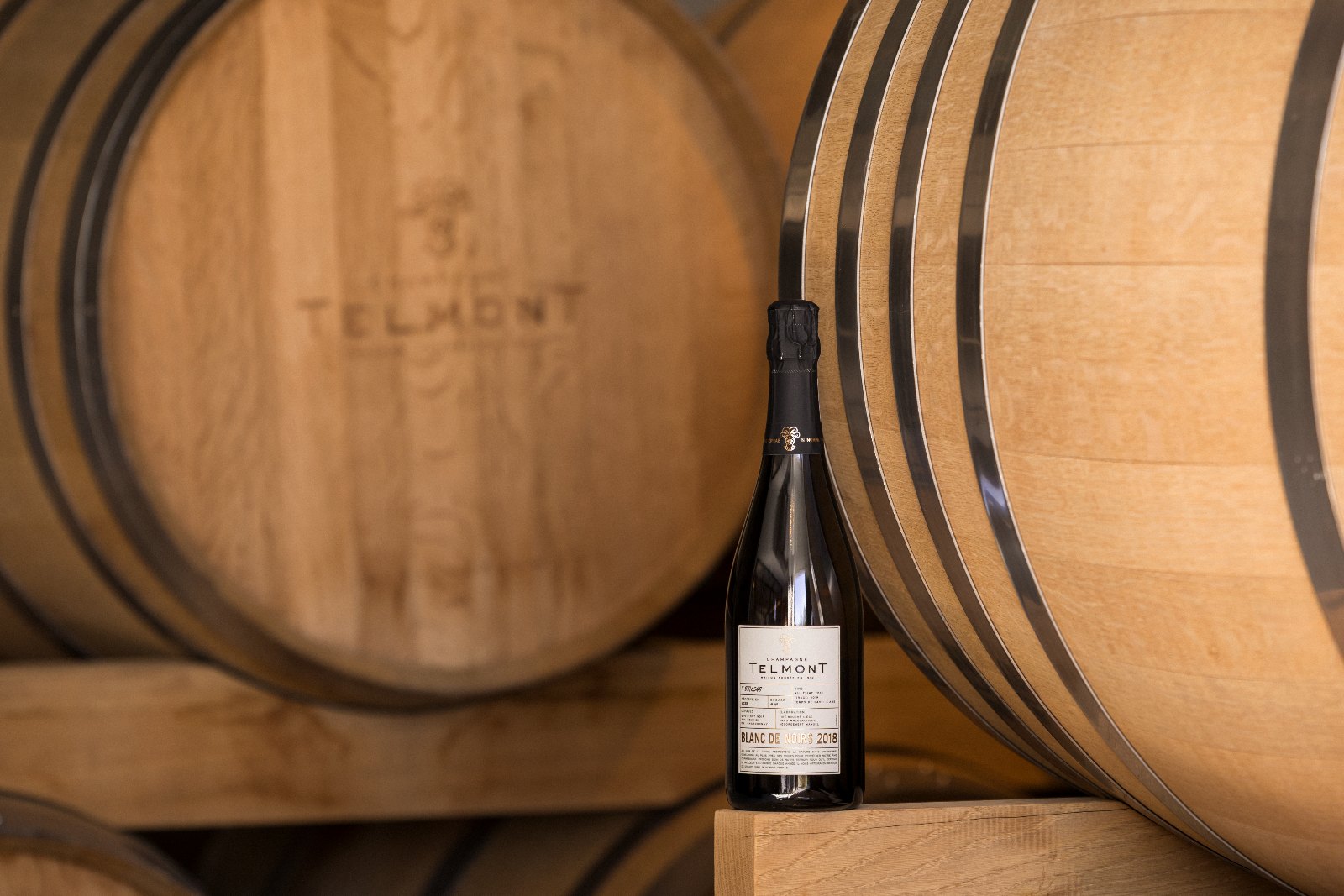 Bouteille de Blanc de Noirs 2018 de la Maison Telmont entre les fûts de chêne